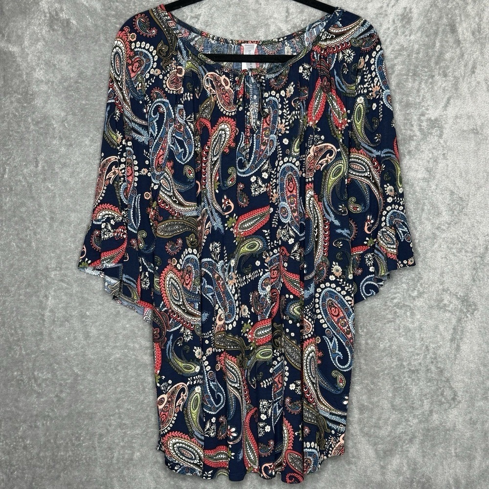 Honeyme Curvy XXL 2X Shirt Top Navy Blue Paisley Flutter Short Sleeve Scoop Neck
